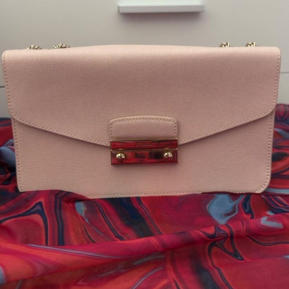 Furla Blush Pink Saffiano Leather Flap Envelope Crossbody Bag Gold Push Lock